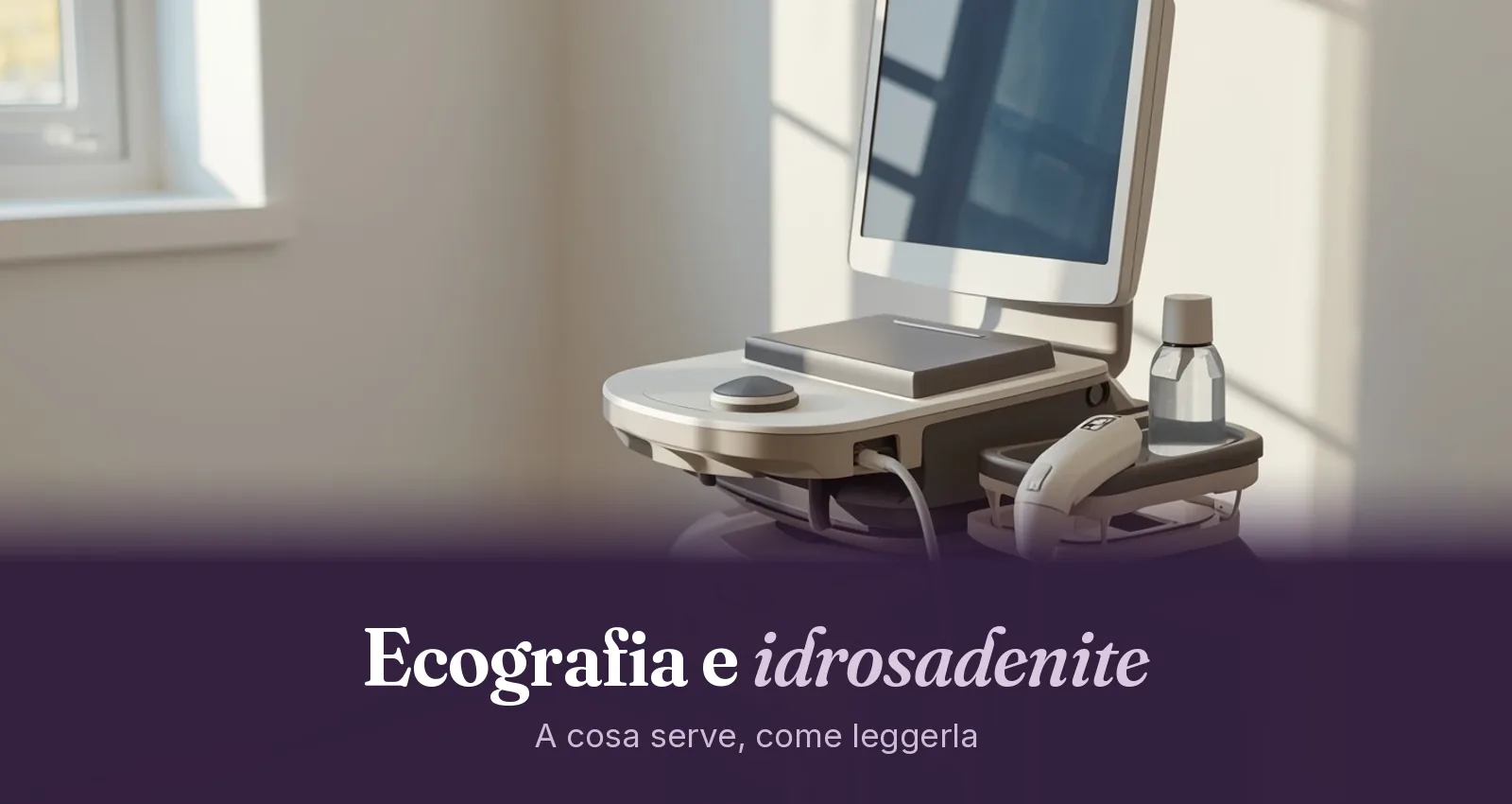 Sonda ecografica lineare appoggiata sul carrello di un ecografo accanto al flacone di gel, in uno studio medico con luce naturale