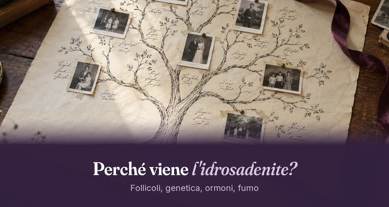 Albero genealogico a inchiostro su carta antica, con foto di famiglia in bianco e nero appuntate sui rami e una penna stilografica di viola, a rappresentare la familiarità dell'idrosadenite suppurativa