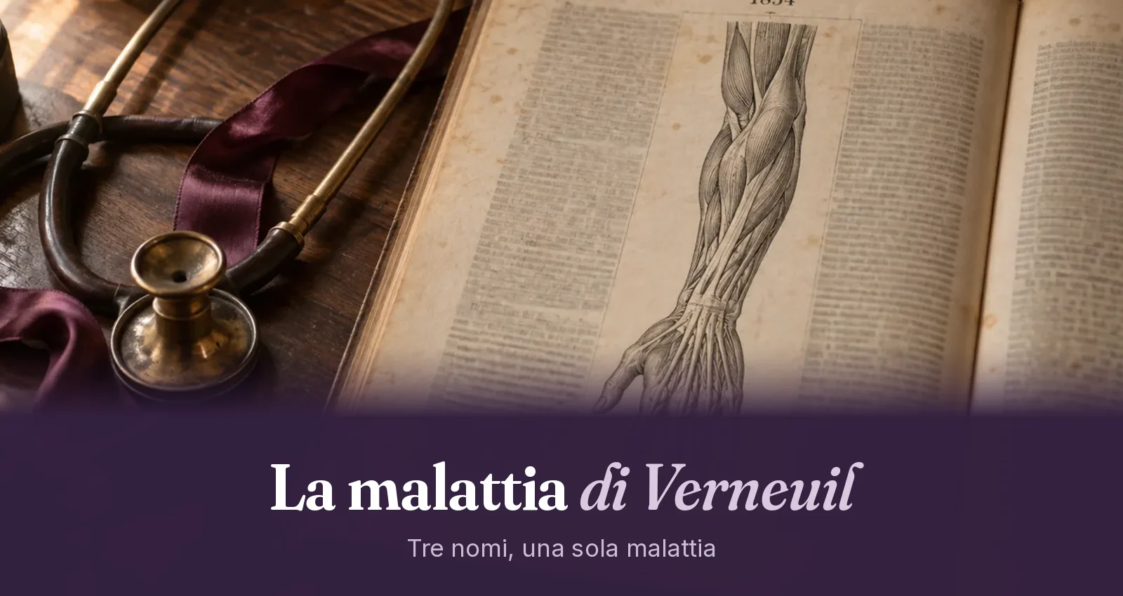Rivista medica francese del 1854 aperta su una scrivania, con un'incisione anatomica di un braccio e uno stetoscopio d'epoca con occhiali d'epoca, a rappresentare la storia del nome della malattia di Verneuil